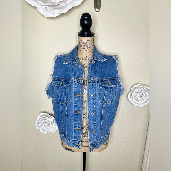 PS Gitano Jackets & Blazers - Vintage Gitano Medium Blue Wash Denim Frayed Sleeves Trucker Vest Sz Small